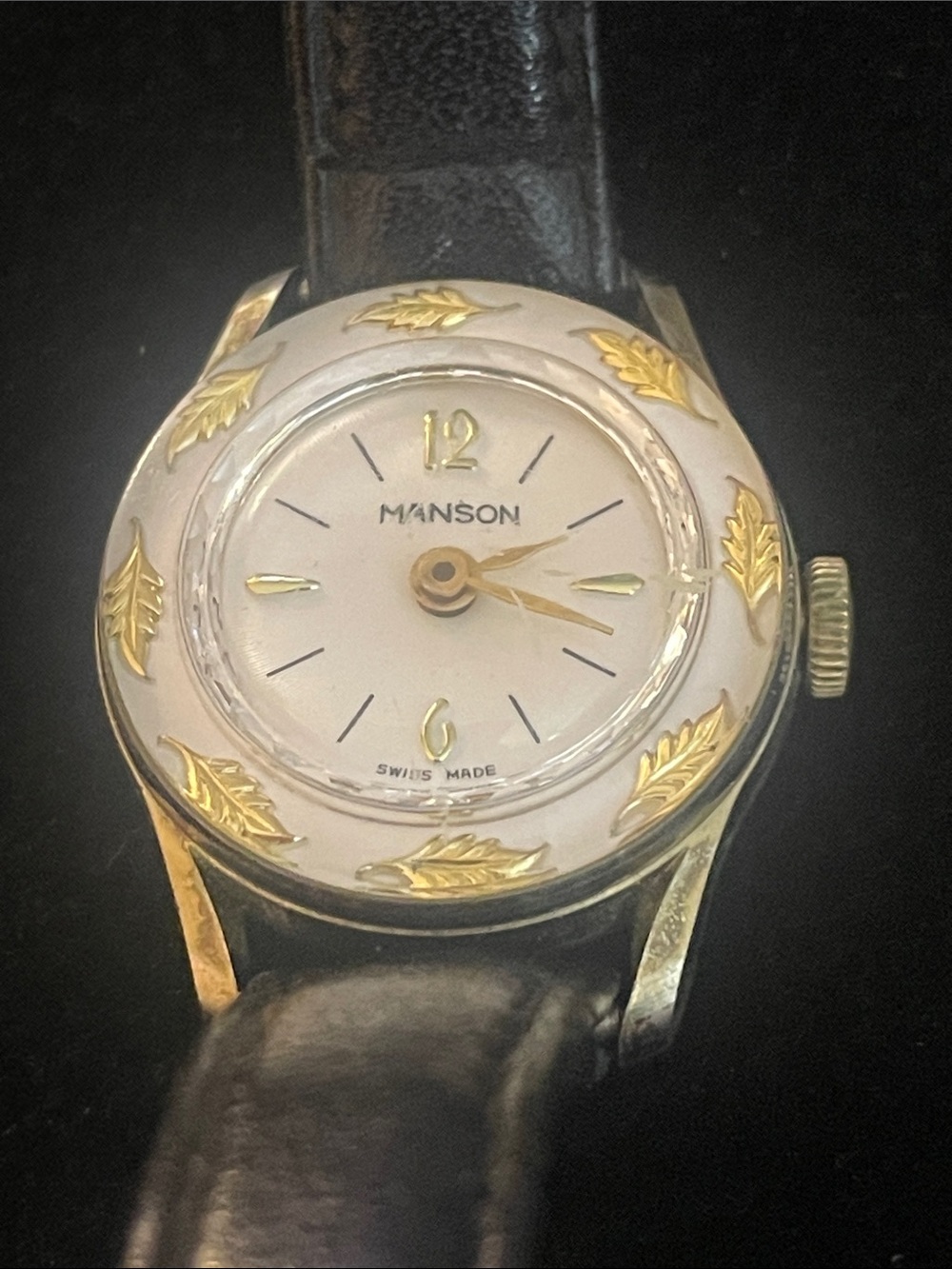 Vintage Manson Swiss Made Gold Leaf Accent Watch - White Dial
